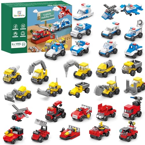 Sawaruita 30Pack Mini Cars Valentine's Day Building Blocks Party Favors for Kids-Bulk Fire Truck,City Police Car,Construction Vehicle for Birthday...