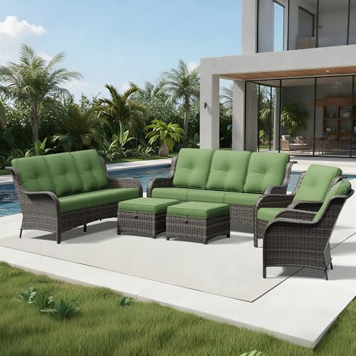 Image of Joyside 6 Piece Wicker Patio Furniture Set, Rattan Patio Chairs with High Back, Deep Seating, Wide Armrest, Thickened Cushions, Outdoor Furniture for Deck, Porch Use