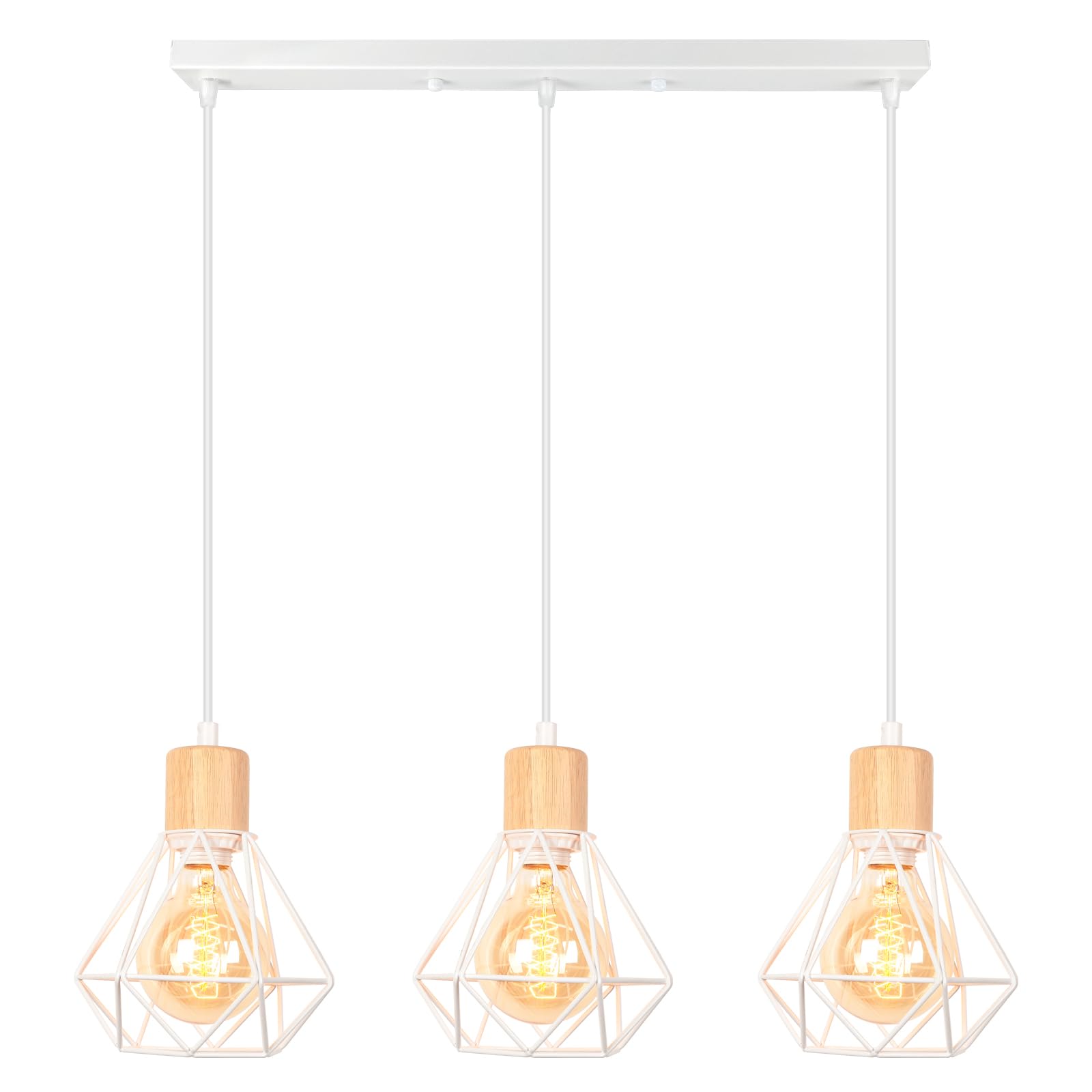 iDEGU 3 Luci Lampadario Industriale in Metallo Legno Lampada da Soffitto Stile Gabbia Bianco Illuminazione E27 Lampada a Sospensione Vintage per Sala da Pranzo Cucina Soggiorno Caffè (Barra)