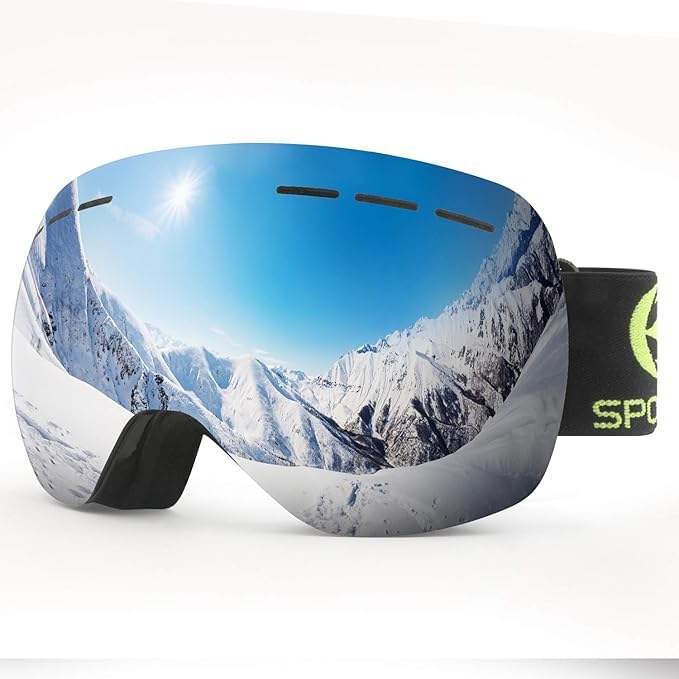 NewBEP Ski Snowboard Goggles - UV Protection Anti-Fog Outdoor Ski Goggles - OTG Snow Skiing Glasses for Men Women Youth (Black frame - mercury lenses)