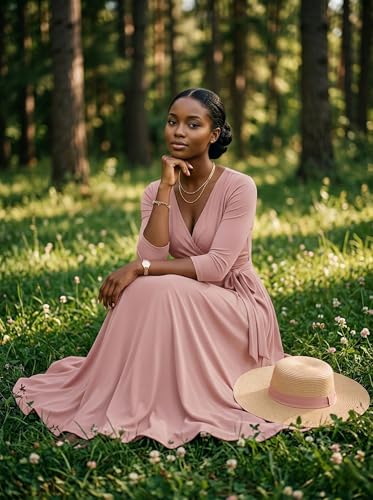 Image of PinkPatty Plus Size Maxi Dresses for Women Casual Flowy Long Dress 3 /4 Sleeve V Neck Wrap Dress with Belt