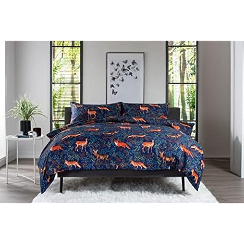 Deyongs Fox and Deer Stunning Duvet Cover Set in Navy Blue Double Bed Size Cotton Rich Cover
