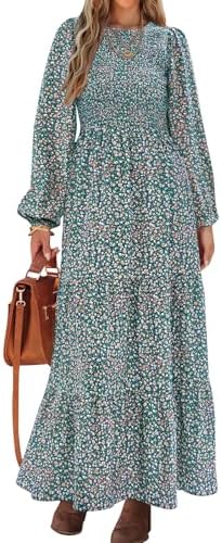 PRETTYGARDEN Women's Fall Dresses 2025 Long Sleeve Flowy Casual Floral Maxi Dress Crew Neck Smocked Tiered Long Dress