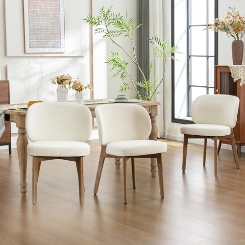 Image of YOUNIKE Dining Chairs Set of 3 Modern Kitchen Dining Room Chairs Beige | Chenille Fabric Upholstered Armless Side Accent Chair with Back Wide Padded Seat Wooden Leg, Soft, Breathable, Comfortable