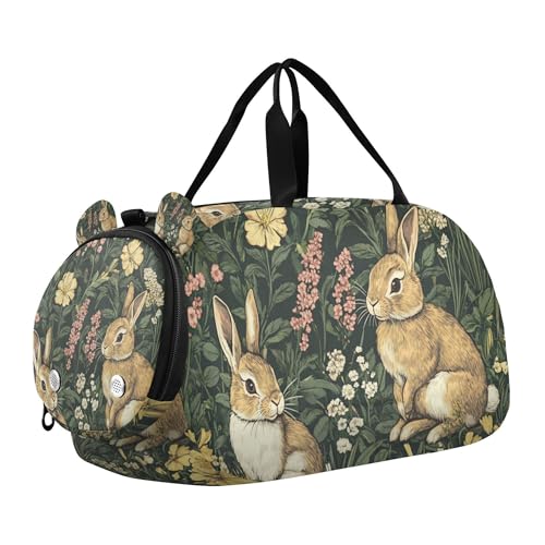 Glaphy Rabbits Vintage Duffle Bag for Toddler Boys Girls, Gym Sports Bag with Shoe Compartments, Kids Travel Overnight Weekender Shoulder Bag