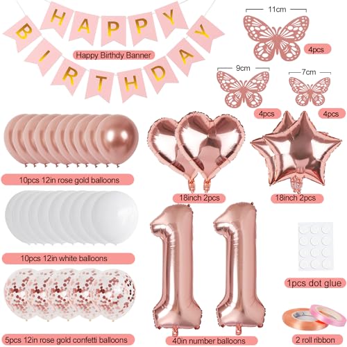 Image of Rose Gold 11th Birthday Decorations for Girl, 11 Year Old Sign with Happy Birthday Banner, 40In Number 11 Foil Birthday Balloons, Butterfly Decorations, Heart and Star Balloons