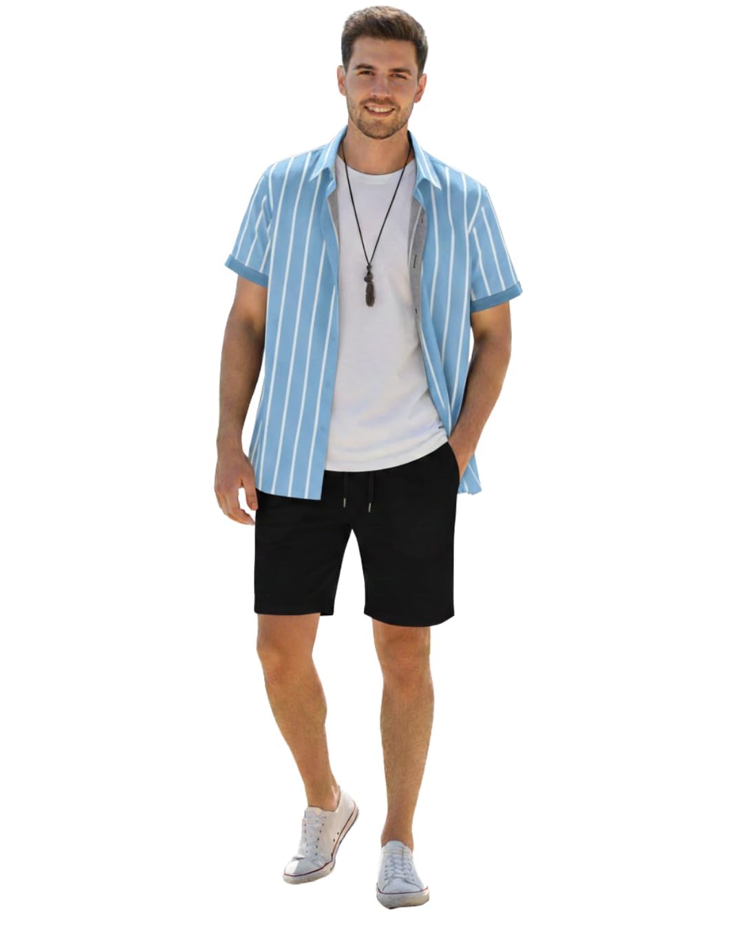 Men’s Polyester Fabric Lining Night Co-Ord Set Solid Short Sleeve Button Down Shirt Drawstring Shorts Combo Casual Summer Wear, Lounge & Travel Outfit for Men-image-16
