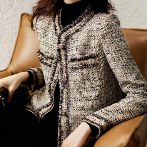 chouyatou Women's Fall Elegant Business Casual Tweed Blazer Work Jacket Tassel Raw Hem Open Front Suit Top2