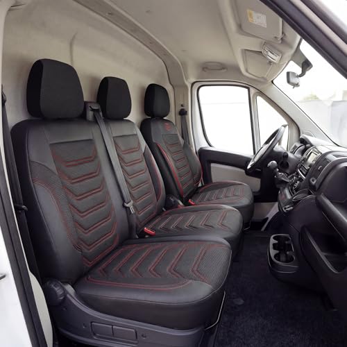 GIOVANNI BUTTI Autositzbezüge 2+1 für Ford Transit Custom 2015-2023 - Premium Vordersitze Auto Sitzbezug aus Piqué-Stoff Schwarz-Rot - Vordersitz-Set (rechter Beifahrersitz geteilt)