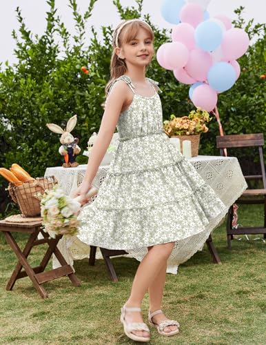 Arshiner Girls' Summer Sundress Boho Spaghetti Strap Ruffled Tiered Dresses Casual Midi Cami Dress4