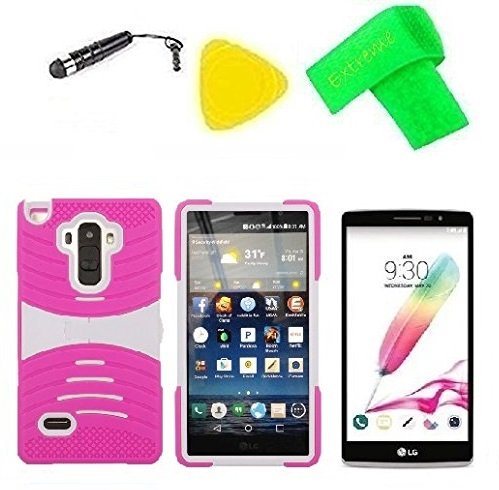 Heavy Duty Hybrid w Kickstand Phone Cover Case Cell Phone + Screen Protector + Extreme Band + Stylus Pen + Pry Tool For LG G Stylo LS770 / LG G4 Stylus H631 / LG G Stylo MS631 (S-Hybrid Pink White)