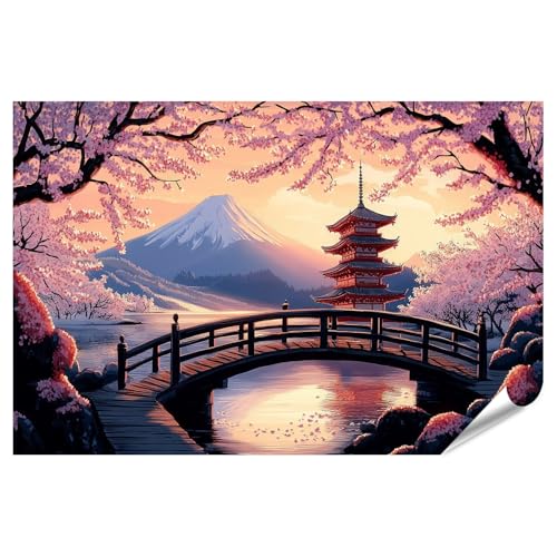 Islandburner Image XXL Poster Paysage japonais avec cerisiers en fleurs et pagode pour salon, pour les amateurs de Japon, image japonaise premium, impression...