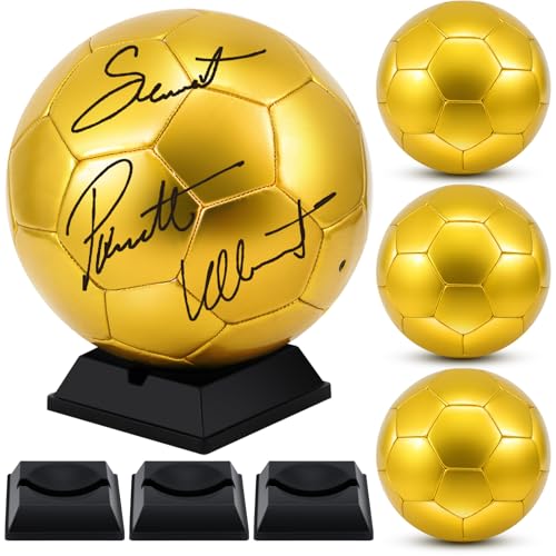 Hiboom Gold Autograph Soccer Ball with Display Stand Air Pump for Trophies Anniversary High School College Coaching Gift Awards Championship Party(4 Pcs,Size 4)