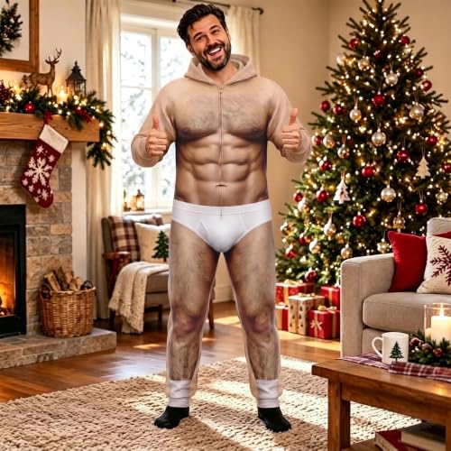 Men Funny Christmas Zip Up Jumpsuit Fake Skin Body Hair Print Hooded Onesie - image 7
