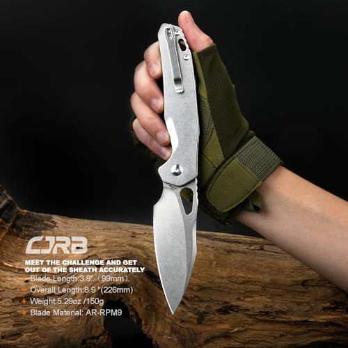 Image of CJRB Frack Folding Pocket Knife, 3.9 inch AR-RPM9 Steel Blade PVD Coating Steel Handle EDC Knife, Button Lock Knife for Outdoor Camping Gift, Stonewash (J1931)