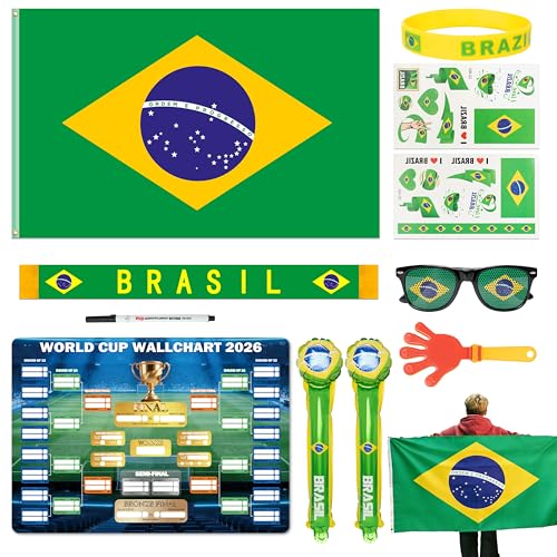 World Cup 2026 Fan Accessories with Large 3x5 ft Flag Match Tracker Poster Stickers Cheering Sticks Clapper & Scarf World Cup Decorations Fan kit for Soccer Watch Party Stadium and Home Cheering