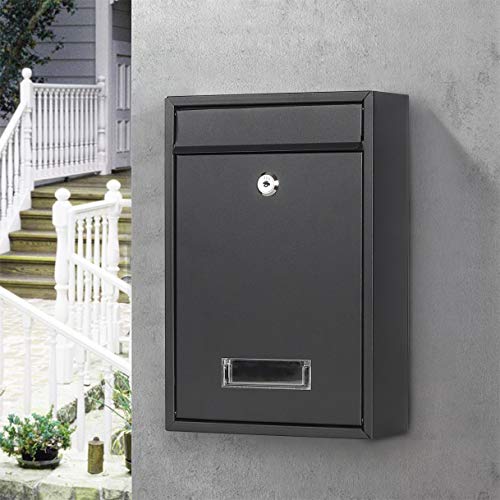 Image of Jssmst Locking Mailboxes Wall Mounted Vertical Key Lock Drop Mail Box Medium Capacity Galvanized Steel Cover Rust-Proof Metal Post Box, 12.6 x 8.6 x 3.4 Inch, Black Matt, SM-0601LM