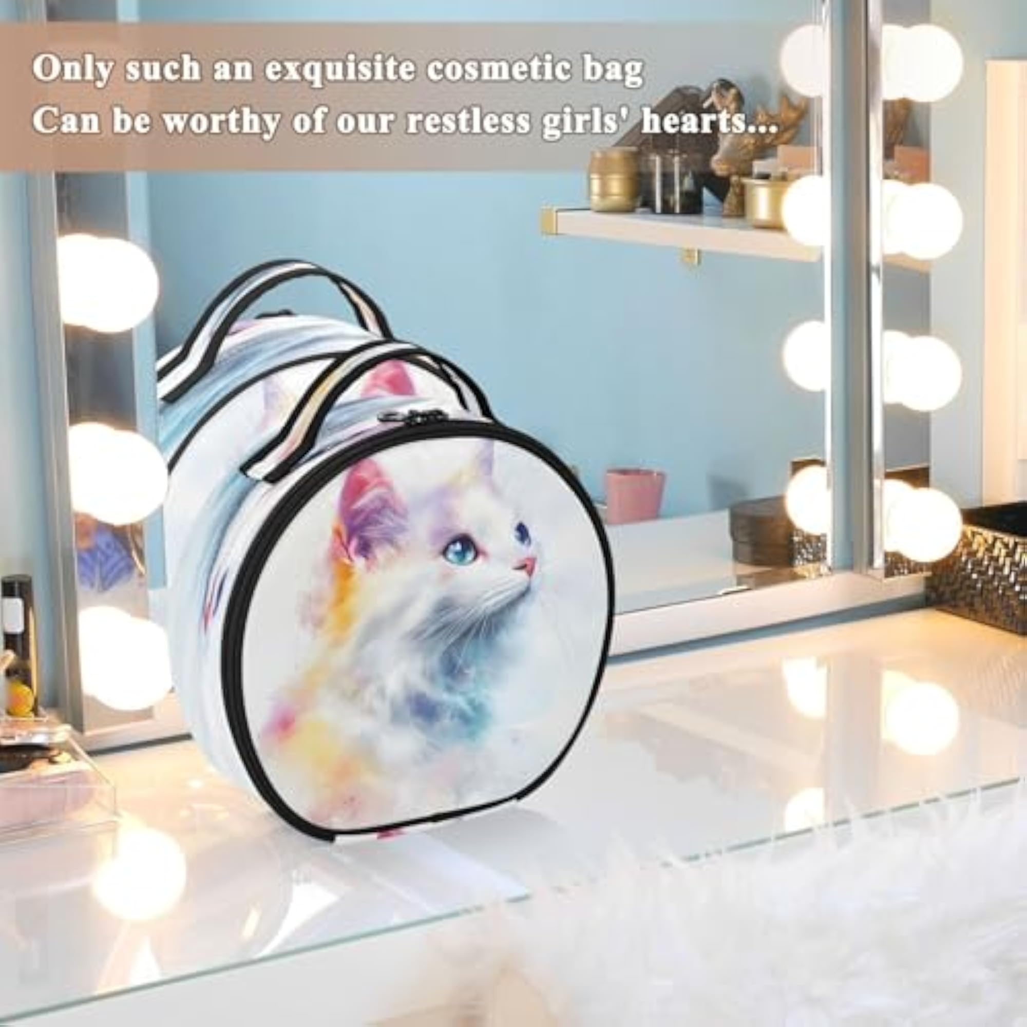 Watercolor Cat Travel Makeup Case with Adjustable Dividers