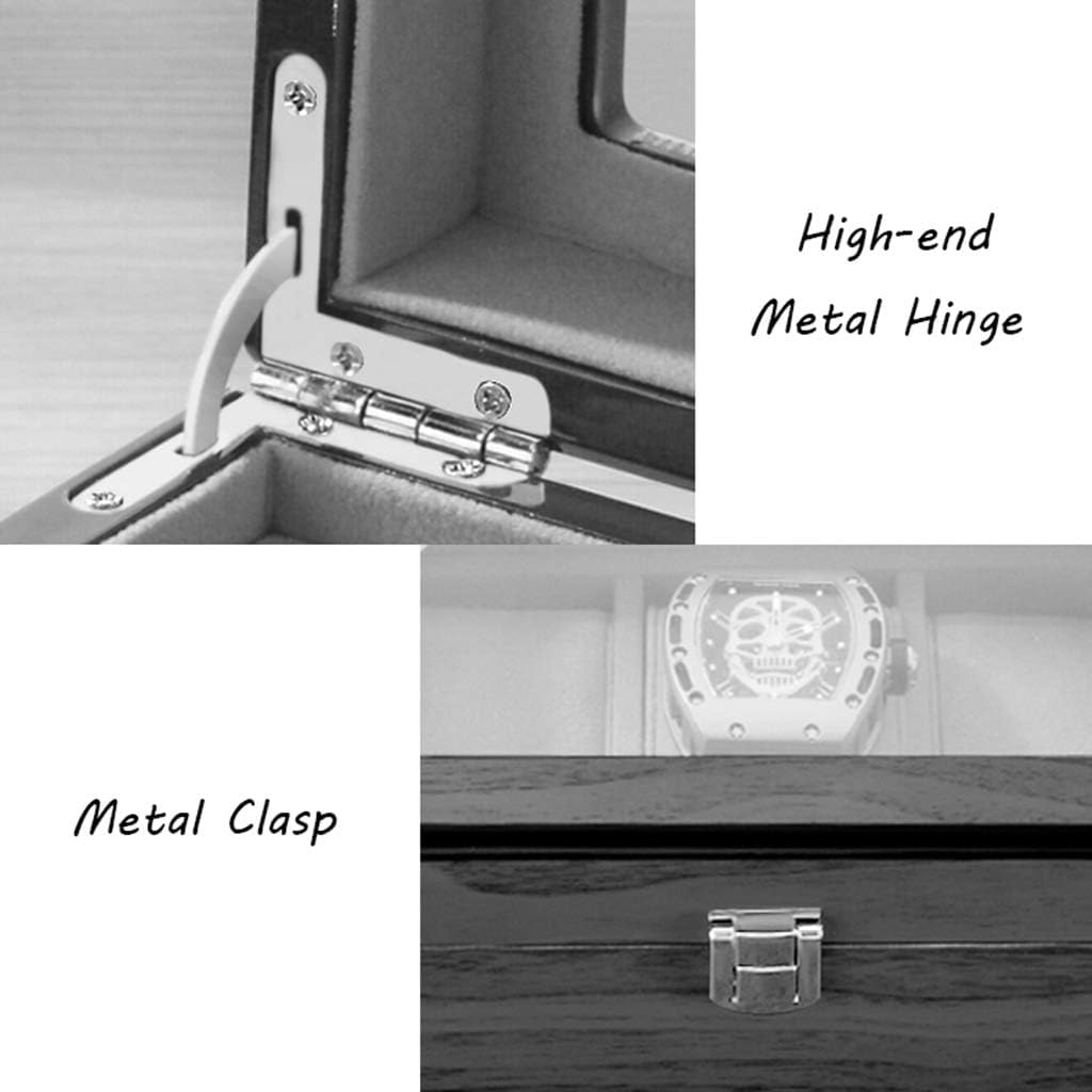 Caja de reloj de madera con 3 ranuras, caja de reloj con tapa de cristal, soporte para reloj con almohadas extraíbles para reloj, exhibición de joyas de lujo con cierre de metal (negro)