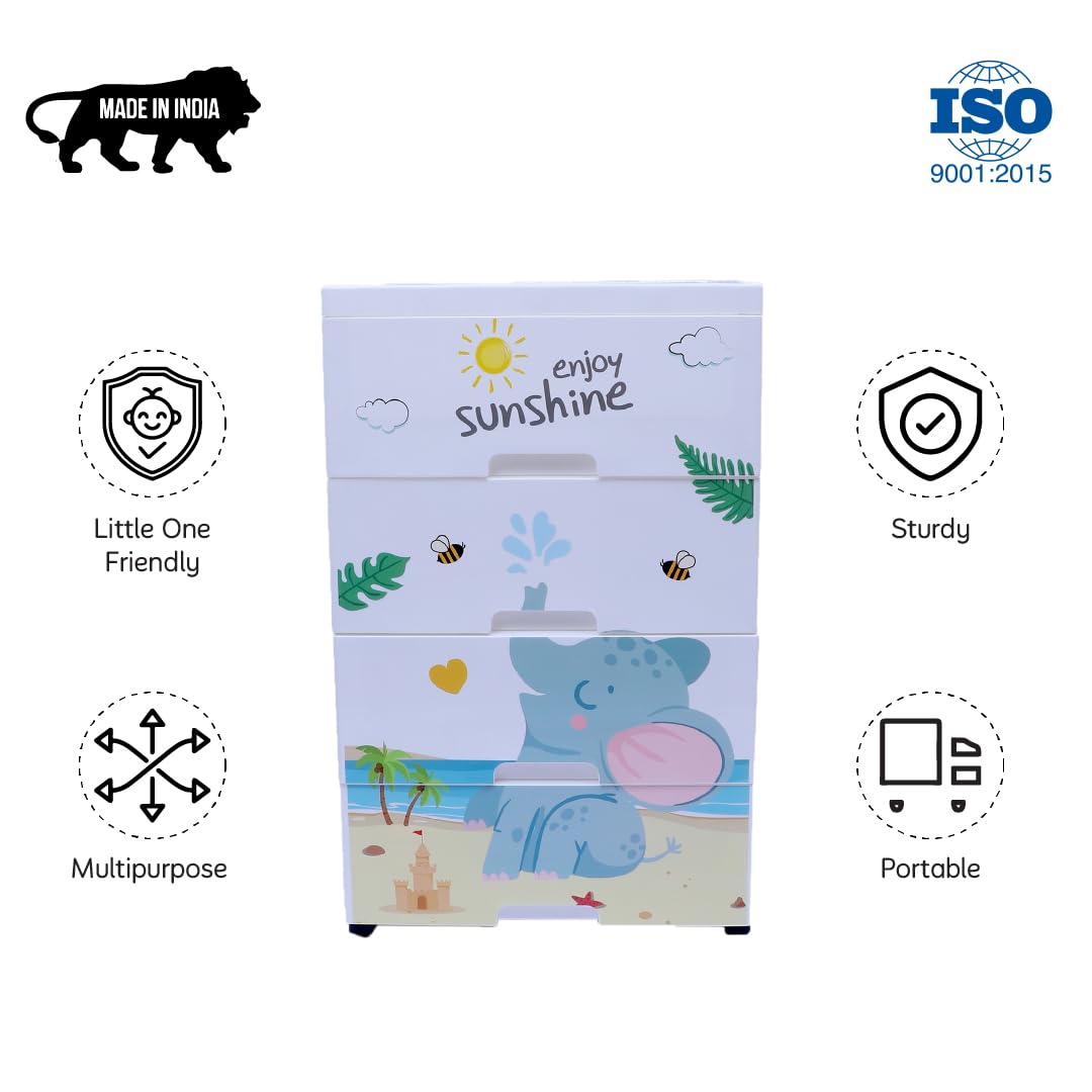 The Tickle Toe Plastic Chest of 4 Drawers for Kids | Multipurpose Organizer for Boys in Blue Theme with Elephant Print | Glossy Dresser | L51xW33xH82 cm | White & Blue 3