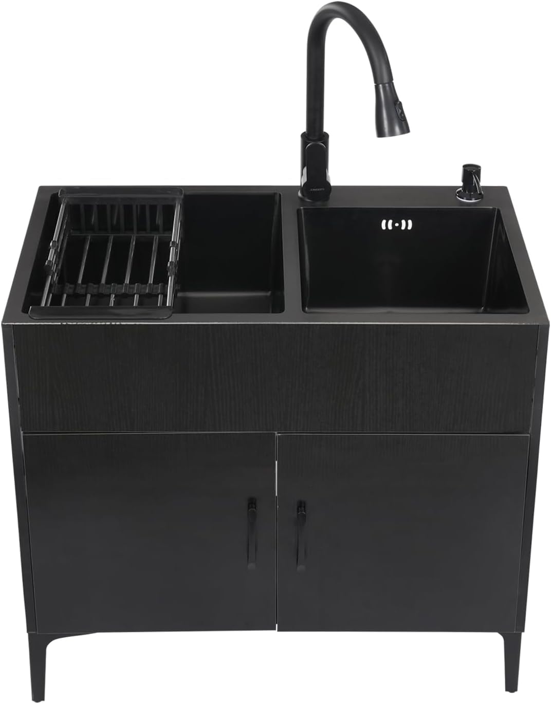 Laundry Sink with Cabinet - 2 Stainless Steel Sinks, White Utility Cabinet Kit with Pull-Out Faucet & Draining Basket for Laundry, Kitchen, Bathroom, & Garage