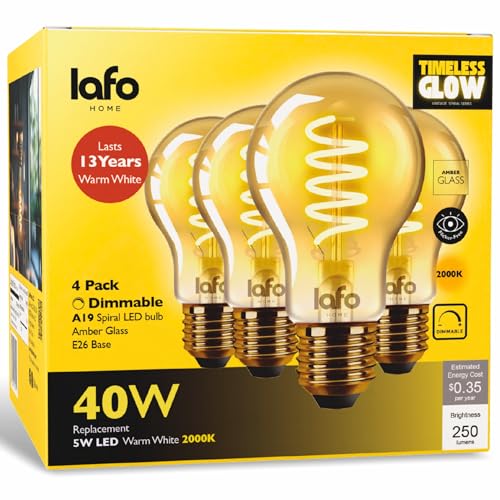 LafoHome TimelessGlow A19 LED Filament Bulbs, Spiral Filament, 40W Equivalent, Dimmable, 2000K Amber, 250 Lumens, CRI80+, Amber Glass, 15,000-Hour Life, E26 Base, ETL/FCC Certified (4 Pack)