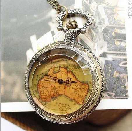 Vintage Style Transparent Window Australia Map Pocket Watch in Antique Bronze Finish J104