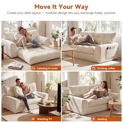 Image of MONVANE 55.5 inch Convertible Loveseat Sofa, Comfy Chenille Cloud Couch with Storage Pocket, Modern Deep Seat Boneless Couch, 2 Seater Sofa for Living Room, No Assembly Required, Beige