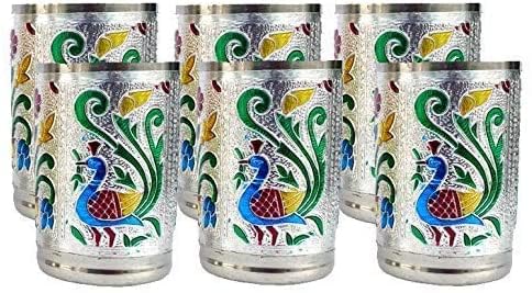 VishAl smart MAll Serving Glass Set Water Glass Juice Glass Set Meenakari Glass Retun Gift (Silver Glass)