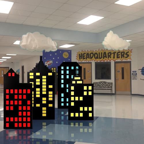 Image of 4 Pcs Hero Stand Party Decorations Set with Sturdy Bases Skyscraper Big Yard Sign for Hero Theme Birthday Party Backdrop City Skyline Buildings Photo Booth Props Supplies