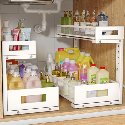 Image of 2 Pack 19IN Depth Under Sink Storage Organizer, Large 2-Tier Elegant Mesh Pull Out Shelf for Kitchen and Bathroom Cabinet Organization, L-Shaped and Adjustable Height Design-White