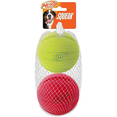 Nerf Dog Classic Squeak Ball Outdoor Dog Toys, 3.8 Inch Dog Ball Fetch Toy, Squeaking Toy for Medium and Large Breeds, Green/Red, 2 Count