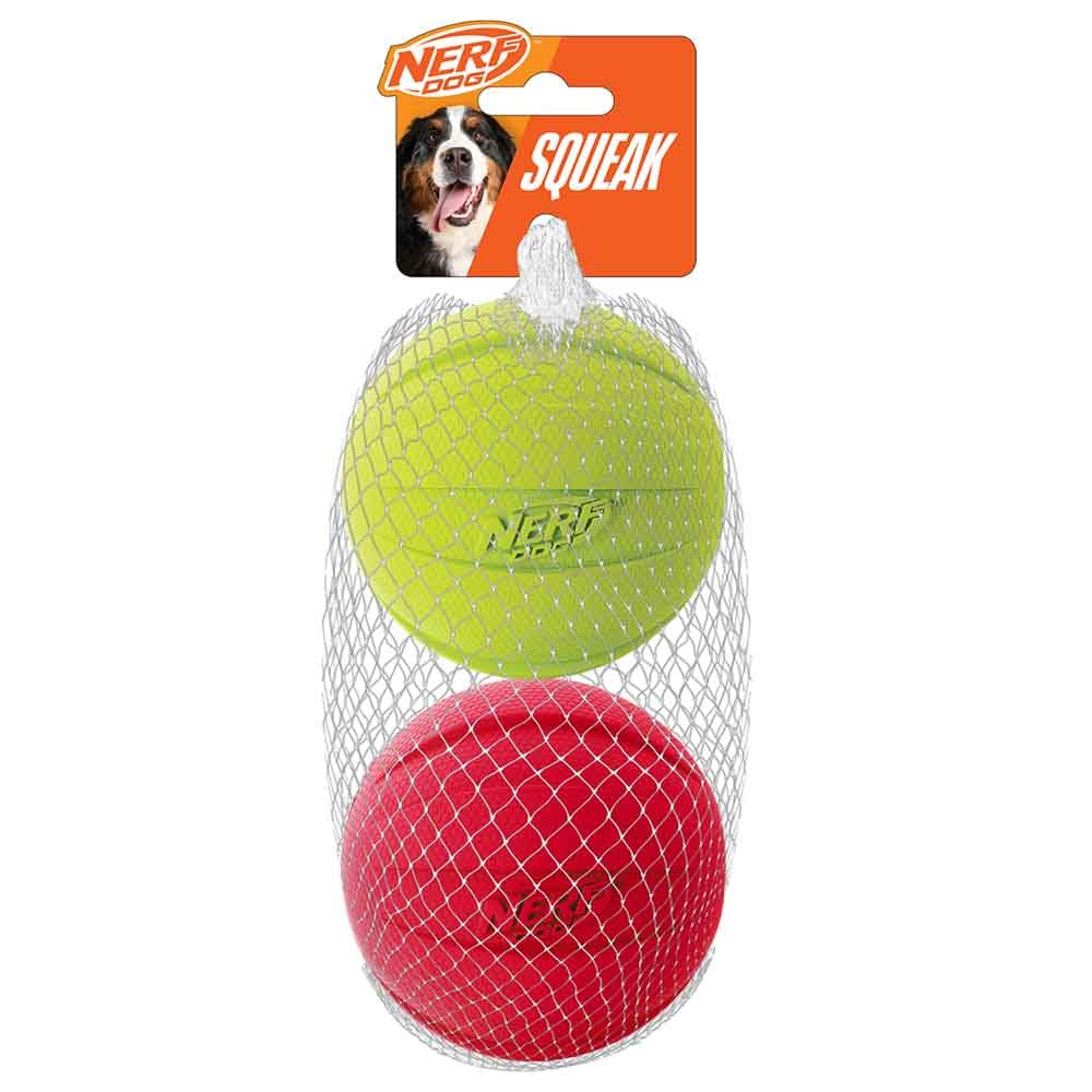 Nerf Dog Classic Squeak Ball Outdoor Dog Toy, 3.8 Inch Dog Ball Fetch Toy, Squeaking Toy for Medium and Large Breeds, Green/Red, 2 Count