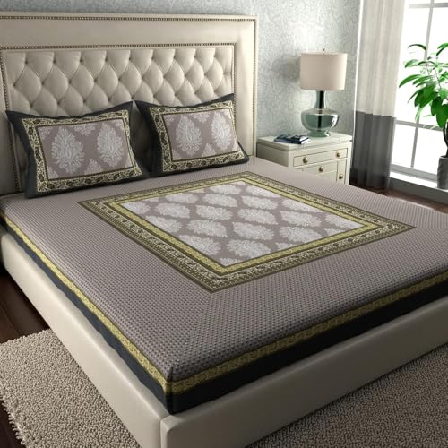 Image of La Verne 104 TC Cotton Double Bed Bedsheet Jaipuri Rajasthani Print Bedsheet with 2 Pillow Covers (Grey)