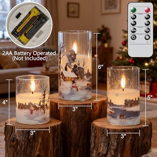 Image of Wondise Chrismtas Snowman Glass Flameless Candles with Remote Timer, Battery Operated Real Wax 3D Wick LED Flickering Pillar Candles for Christmas Decoration Thanksgiving Holiday Gift