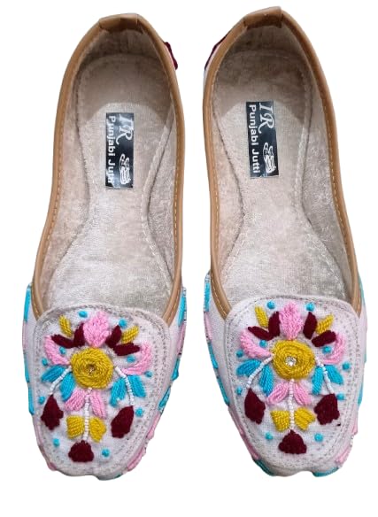 IR Punjabi Jutti Beige Fabric Multicolor Floral Embroidery-image-19