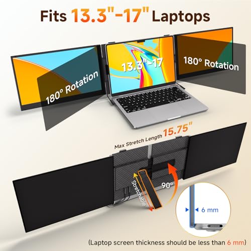 Image of 14 inch Laptop Screen Extender, 0.18 inch Ultra-Thin Laptop Monitor, Stable Damping Stand with 90 Rotation, 180 Rotation Dual Screen, Extra Compatible with Windows /Mac /Android /Switch /PS Fits 13 inch-17 inch Laptops