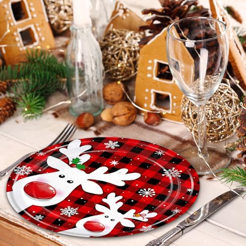 168PCS Christmas Reindeer Party Supplies Kit Xmas Cartoon Elk Party Decoration with Red and Black Plaid Snowflake Snowman Paper Plates Cups Napkins Dinnerware for Home Winter Xmas Holiday Serves 24 – Image 5