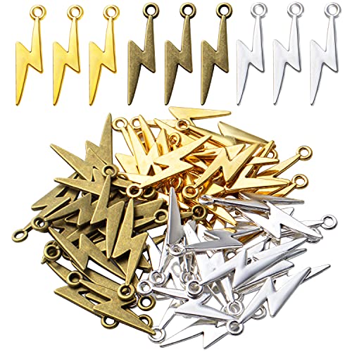 60pcs Lightning Bolt Pendants Alloy Flash Lightning Charms Thunder Flash Celestial Dangle Charms for DIY Earrings Bracelet Crafts Jewelry Making Accessory,28mm×7.7mm