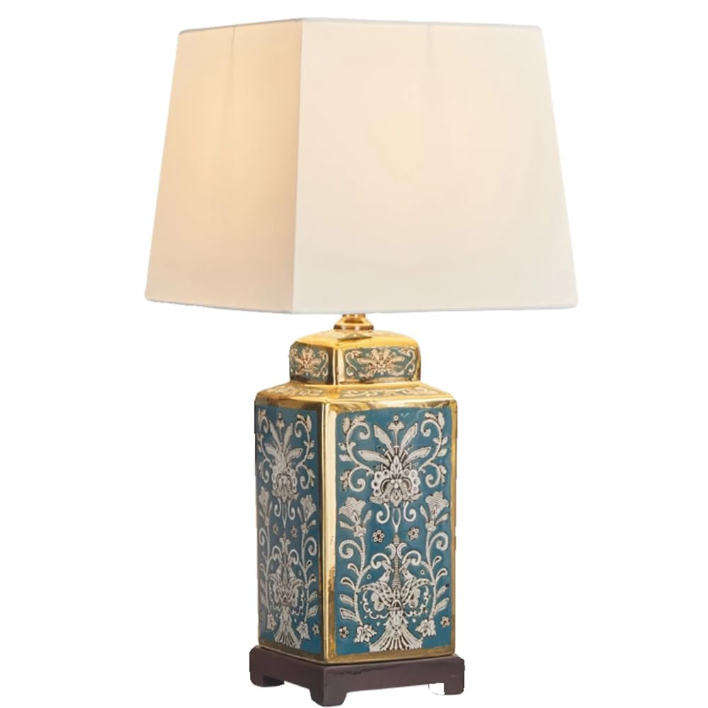 SANBDDLYY Hand-Painted Ceramic Table Lamp - Jingdezhen Porcelain Nightstand Fabric Shade for Bedroom, Living Room & Office