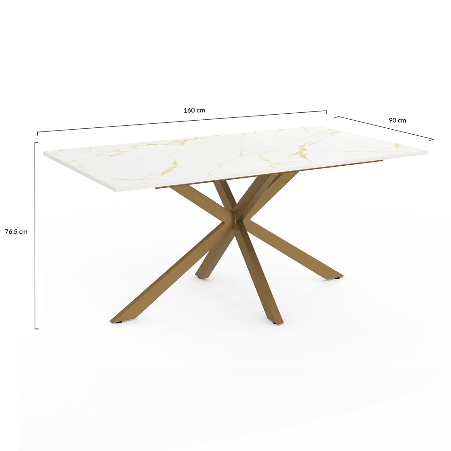 IDMarket - ALIX Tavolo da pranzo rettangolare per 8 persone con gamba a ragno in ottone e piano effetto marmo bianco ALASKA 160 cm