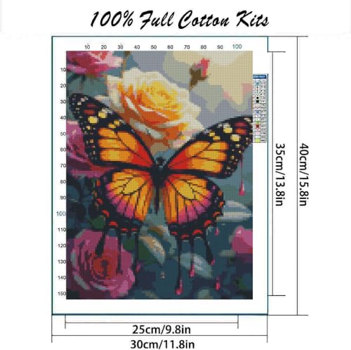 Image of Butterfly & Flower Stamped Cross Stitch Kit, Embroidery 11.8x15.7in | Flowers 11CT Needlepoint Counted Cross Stitch Kits for Beginner, Printed Embroidery Kit Art Craft for Home Wall Decor