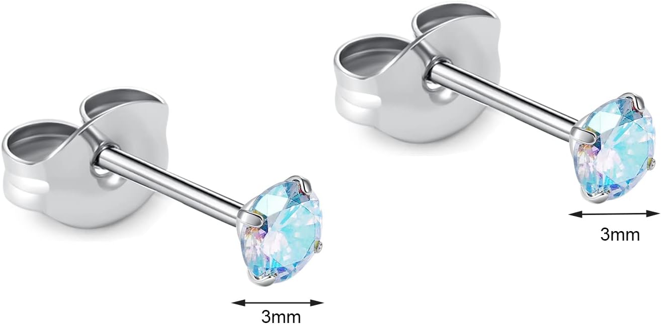 1 Pair Implant Grade Titanium Stud Earrings Set Hypoallergenic 3mm 4mm 5mm 6mm Cubic Zirconia G23 Titanium Earring Studs for Women Men for Sensitive Ear