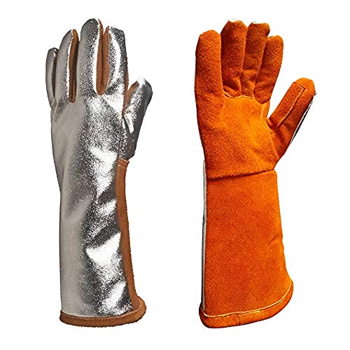 Image of Aluminized Split Leather Heat Resistant Gloves up to 200C, Long Cuff Industrial Safety Gloves for Foundry, Furnace, Welding & Hot Metal Handling, 14 Inch, Pack of 1 Pair
