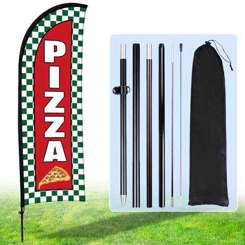 Bandera de plumas de pizza de 7x5 pies con poste y bolsa Hahafelt para publicidad