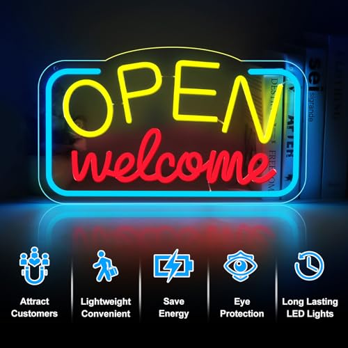 Image of Open Signs for Business, 16.9 inchX 9.4 inch Bright High Visibility LED Neon Open Sign Powered by USB with ON /OFF Switch, Adjustable Open Sign for Bar Shop Coffee Salon Hotel Store Walls Window Door Storefront - Yellow