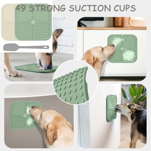 Image of ChefAide 2 Pack Lick Mat for Dogs,Cats,Upgraded 8.5x8.5 inches Licking Mats with Suction Cups,Slow Feeder Licking Pad for Anxiety Relief and Boredom Reducer,Suitable for Dog Training (Green & Beige)