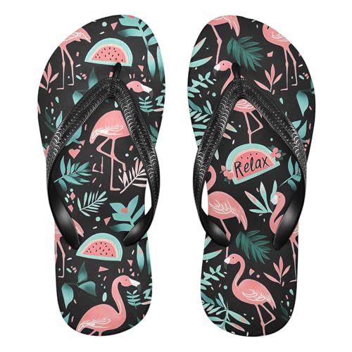 ALAZA Cartoon Flamingo Watermelon Flip Flops for Women Fashion Beach Slippers Comfort Mens Flip Flops Non-Slip Rubber Shower Slippers Sandal for Hotel Travel Sport,XS