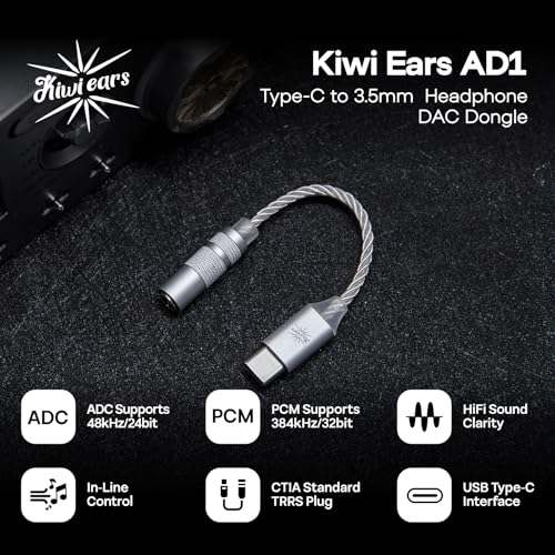 Image of Linsoul Kiwi Ears AD1 Type-C to 3.5mm Female Headphone DAC Adapter Cable, USB C to Aux IEM Dongle with KT02H20 Chip, High Res 32bit /384kHz, CTIA-Standard for iOS /Android /Windows Smartphones (Silver)