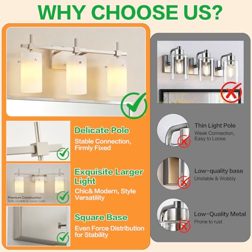 Image of SOLFART Brushed Nickel Bathroom Light Fixtures, 3-Light Modern Vanity Light Over Mirror, Wall Sconces with Milky White Frosted Glass Shades, E26 Socket (Bulbs Not Included)